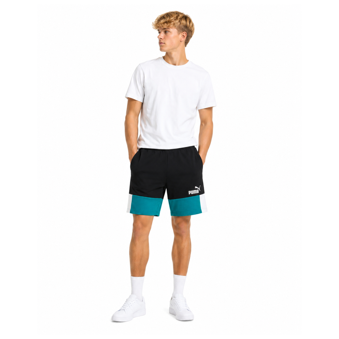 Puma ESS+ Shorts Deep Aqua Schwarz Weiß Sweatshorts